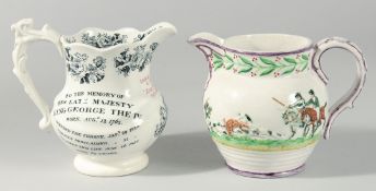 A GOOD LUSTRE PORCELAIN HUNTING JUG and a ROYAL DOULTON GEORGE IV WHISKY JUG (2).