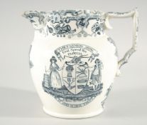 THE FARMER'S ARMS TRANSFER PAINTED PORCELAIN JUG. 8ins high.