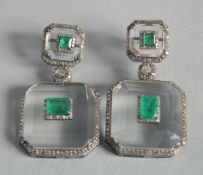 A PAIR OF ART DECO STYLE CRYSTAL, RUBY AND DIAMOND EARRINGS.
