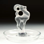 A LALIQUE GLASS ANTELOPE CIRCULAR PIN TRAY. 3.25ins high. Signed: Lalique, France.