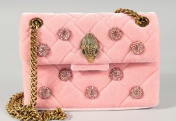 A KURT GEIGER KENSINGTON PINK BAG with long gilt handles, bird clasp and clusters. 7.5ins long, 4.