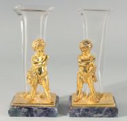 A GOOD PAIR OF GILT BRONZE, GLASS AND BLUE JOHN VASES. 9ins high.