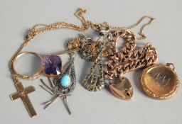 A 9CT GOLD GUAM CHAIN, CROSS AND CHAIN, LOCKET, RING AND PENDANT.