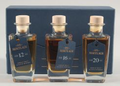 MORTLACH SINGLE MALT WHISKY. THREE BOTTLES. 12, 16 & 20 YEARS OLD 10cl boxed.