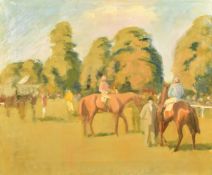 Charles Church (b. 1971) British, jockeys and racehorses in a paddock, oil on canvas, 19.75