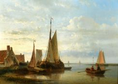 Abraham Hulk Snr (1813 - 1897) Dutch/British, a rowing boat approaching a barge with figures on a