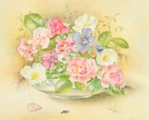 Filippa Whitford, Mixed flowers in a white china vase, watercolour, signed, 7.75
