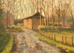 Harold Pye, View of a farmyard, oil on board, signed, labels verso, 11