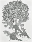 Ram Singh Urveti (b. 1970) Indian Gond Artist, three birds beneath a tree, ink on paper, signed, 14