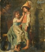 Mid-19th Century Italian School, two children playing in a cottage interior, oil on canvas, 9