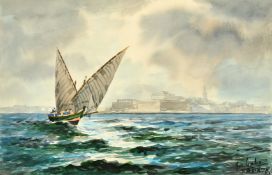 Joseph Galea (1904-1985) Maltese, 'St. Elmo', a sailing boat off Malta, watercolour, inscribed in