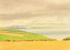 Robert Morson Hughes (20th Century) A sea view from land with grazing sheep, oil on board, signed,