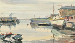 A.J. Bowyer, A harbour scene at low tide, oil on board, signed, 8