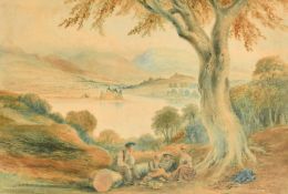 Horatio McCulloch (1805-1867) Scottish, wayfarers resting with a view of Loch Awe and Kilchurn