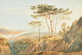 A figure and goats resting under trees, with an extensive river landscape beyond, watercolour, 12.