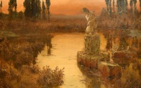 Attributed to Enrique Serra Auque (1859-1918), a statue in a Roman lake, oil on canvas, with stamp