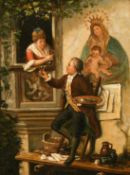 19th Century Continental School, an artist at work taking a glass of wine from a young woman leaning