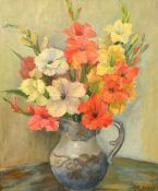 Mid-20th Century Scandinavian School, a still life of mixed flowers in a jug, oil on board,