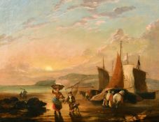 19th Century English School, figures and horses by moored boats on a beach at dusk, oil on canvas,