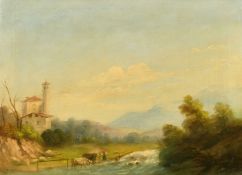19th Century Continental School, Figure and cattle by a river with building beyond, oil on canvas,