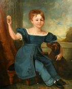 19th Century English School, a portrait of a child with a pet, oil on canvas, 36