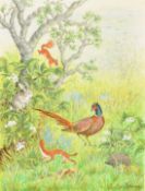 Ella Bruce (20th Century) A Pheasant and Hedgehog with other animals, watercolour, signed in pencil,