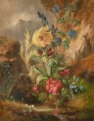 Josef Schuster (1812-1890) Austrian, a still life study of wildflowers by a mountain stream, oil