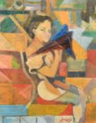 Naziha Selim (1927-2008) Iraq, a female figure with a geometric background, oil on canvas, 11.75