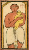 Attributed to Jamini Roy (1887-1972) Indian, study of a figure and child, gouache on paper, 14.5