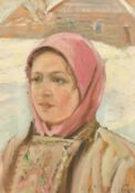 Early 20th Century Russian School, a head study of a female in winter, oil on board, signed in