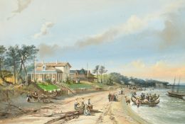 Colonial School, circa 1847, figures walking along a shore by a Governor's house, watercolour and
