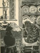 Hilary Whyard, 'Breakfast Cats', wood engraving, signed and inscribed in pencil, 5.5