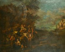 18th Century School, Wayfarers resting by buildings with a lake view beyond, oil on canvas, 30