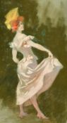 Attributed to Jules Cheret, A theatrical lady wearing a pink dress and yellow hat, pastel on canvas,