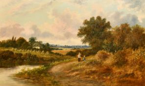 James Edwin Meadows (1828-1888) British, female figures resting by a riverside pathway, oil on