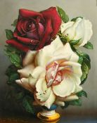 Irene Klestova (1909-1989), a still life of white and red roses with dew drops, oil on board,
