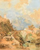 Circle of Rowbotham, circa 1900, figures approaching a stone bridge by a village with mountains