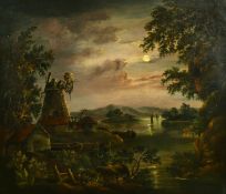 Circle of Pether (19th Century), A moonlit view of a mill by a river with sailboats beyond, oil on
