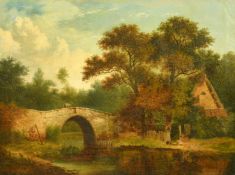 John Berney Ladbrooke (1803-1879) British, figures on a stone bridge by a cottage, oil on canvas,