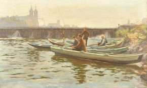 Paul Gregoire (19th/20th Century) French, Gentlemen Fishing on the Seine, oil on canvas, signed, 18