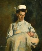 Benjamin Strasser (1888-1955), a study of a midwife holding a newborn, oil on board, signed, 19