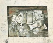 Dellor (20th Century) 'Luddite wrecking in a machine' oil on canvas, signed and dated '64, along