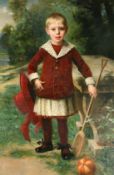 Edmond Louis Dupain (1847-1933) French, a child in a red outfit in a lakeside setting, oil on