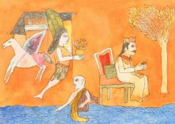 Badri Narayan (1929-2013) Indian, a scene of three figures, watercolour, signed, 10.5