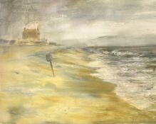 Modern British, Buildings near s shore in a storm, watercolour, indistinctly signed in pencil, 16.