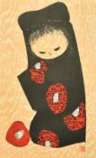 Kaoru Kawano, Girl with Camellias, colour woodblock, with artists seal and black stamp verso, 14