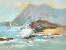 Frank Duffield (20th Century), waves breaking over rocks with sailboats in the distance, mixed