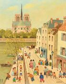 Jean Axatard (b. 1931) French, 'Notre Dame', figures in a busy street with the cathedral beyond, oil