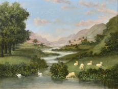 19th Century Provincial School, A river landscape with sheep and swans, oil on board, 11.5