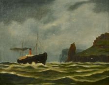 J. Dixon, circa 1900, A large steam ship off a rocky coast with grey skies, oil on canvas, signed,